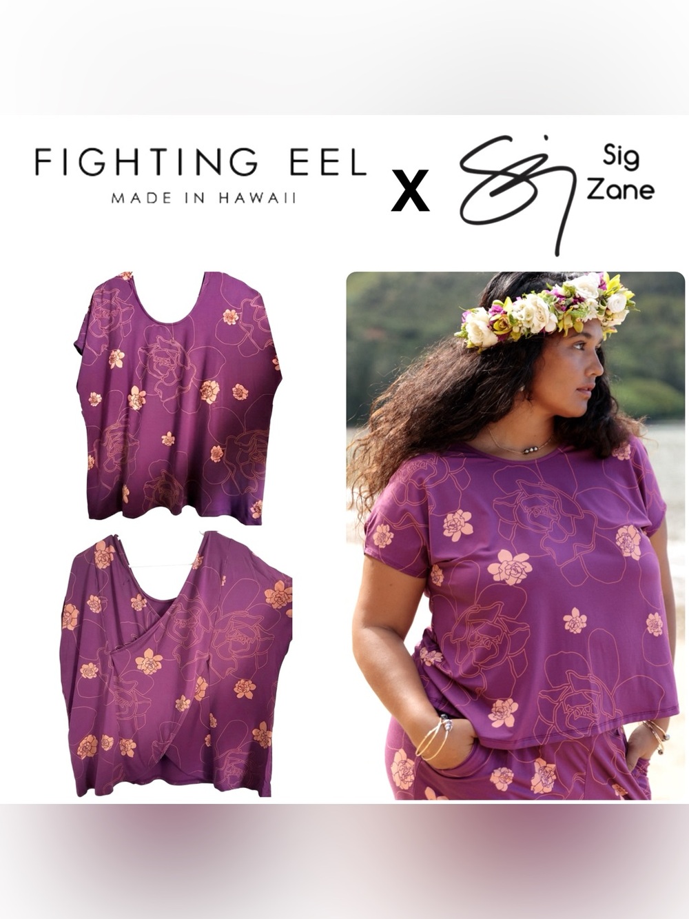 Fighting Eel x Sig Zane Collab ✨ Hawaii • LARGE • Lilah Top • Plum Kiele